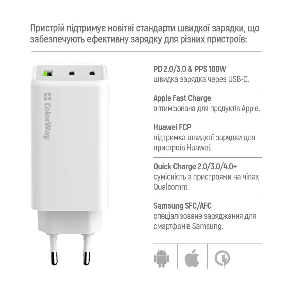 Мережевий зарядний пристрій ColorWay GaN Mini 100W PD Port PPS USB (USB-2C1A) White (CW-CHS061PD-WT) - мініатюра 8