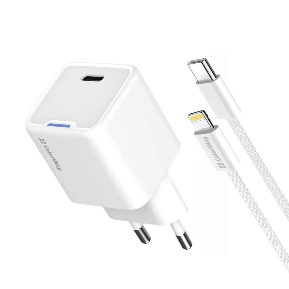 Мережевий зарядний пристрій ColorWay GaN Mini 20W PD Port PPS USB-C White (CW-CHS059PD-WT) + кабель Lightning - зображення 1
