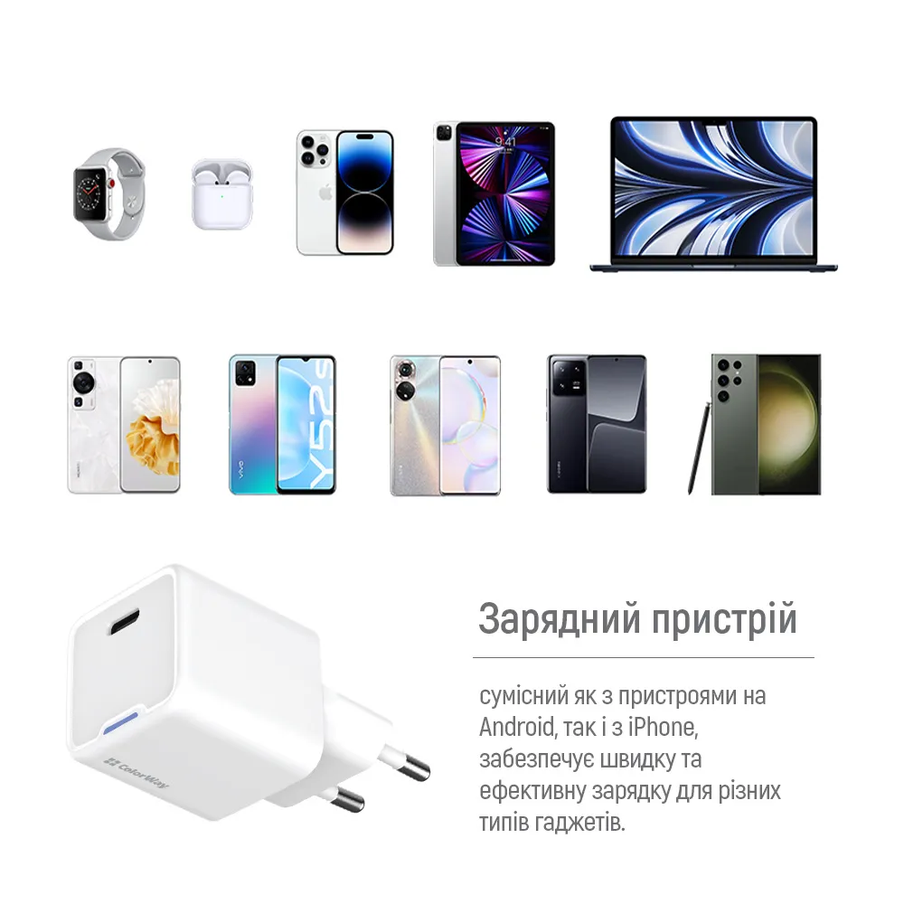 Мережевий зарядний пристрій ColorWay GaN Mini 20W PD Port PPS USB-C White (CW-CHS059PD-WT) + кабель Lightning - мініатюра 11