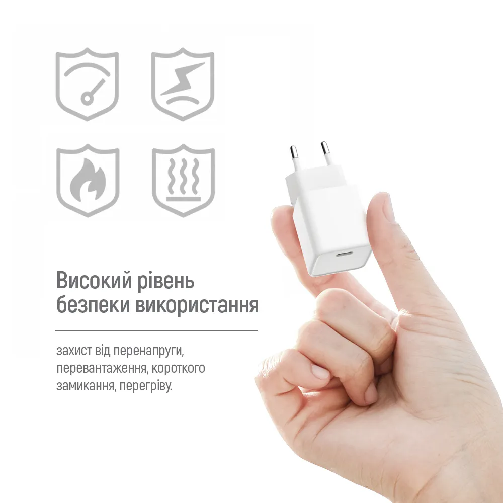 Мережевий зарядний пристрій ColorWay GaN Mini 20W PD Port PPS USB-C White (CW-CHS059PD-WT) + кабель Lightning - мініатюра 12