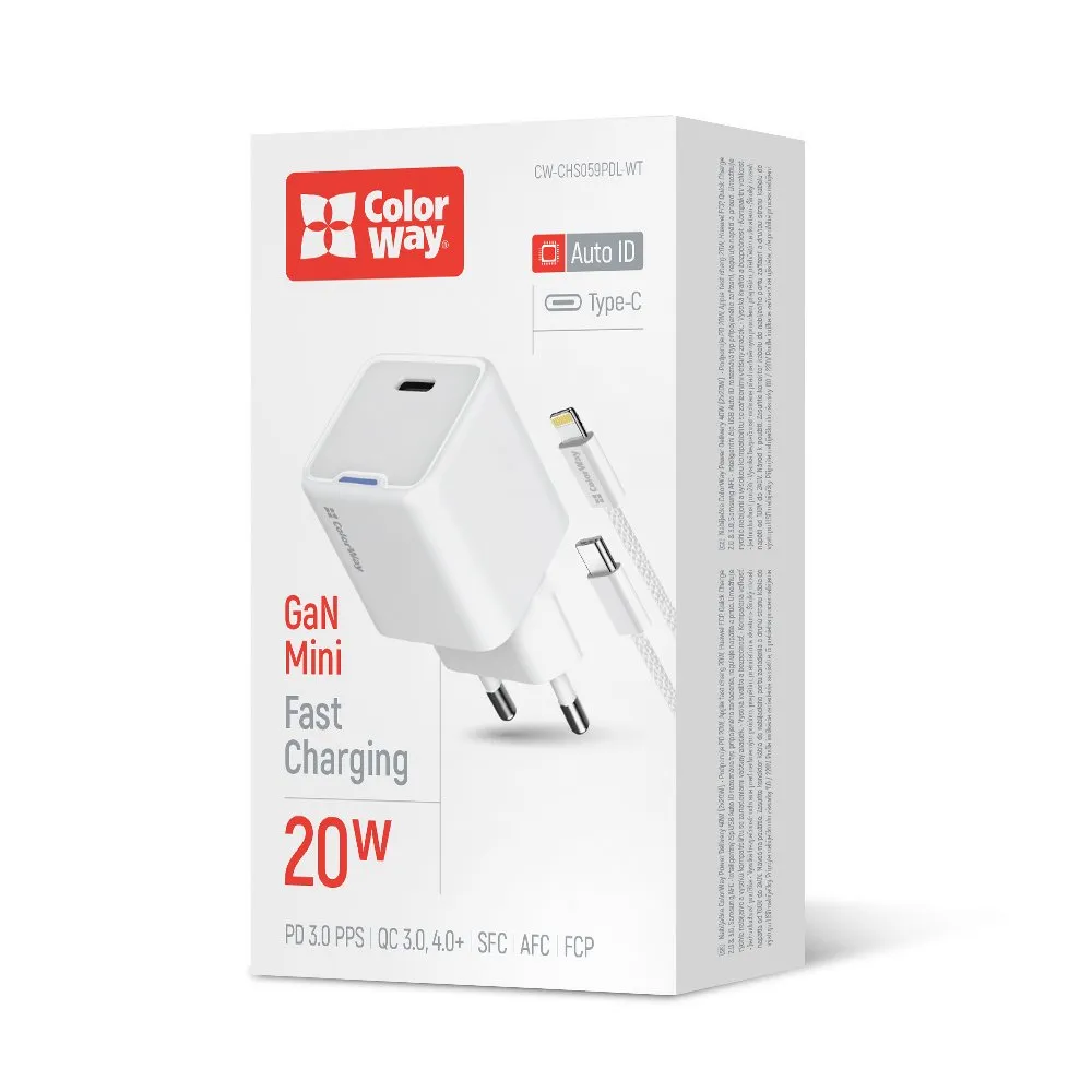 Мережевий зарядний пристрій ColorWay GaN Mini 20W PD Port PPS USB-C White (CW-CHS059PD-WT) + кабель Lightning - мініатюра 13