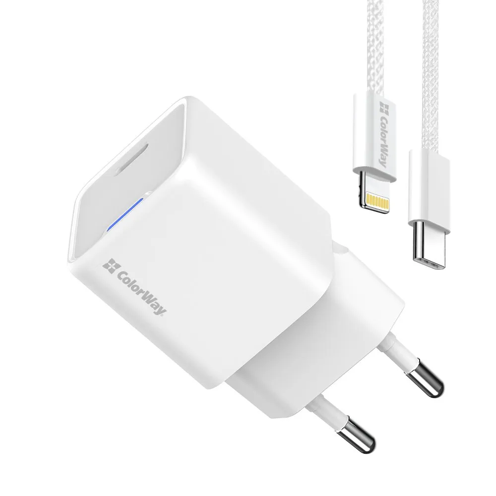 Мережевий зарядний пристрій ColorWay GaN Mini 20W PD Port PPS USB-C White (CW-CHS059PD-WT) + кабель Lightning - мініатюра 2