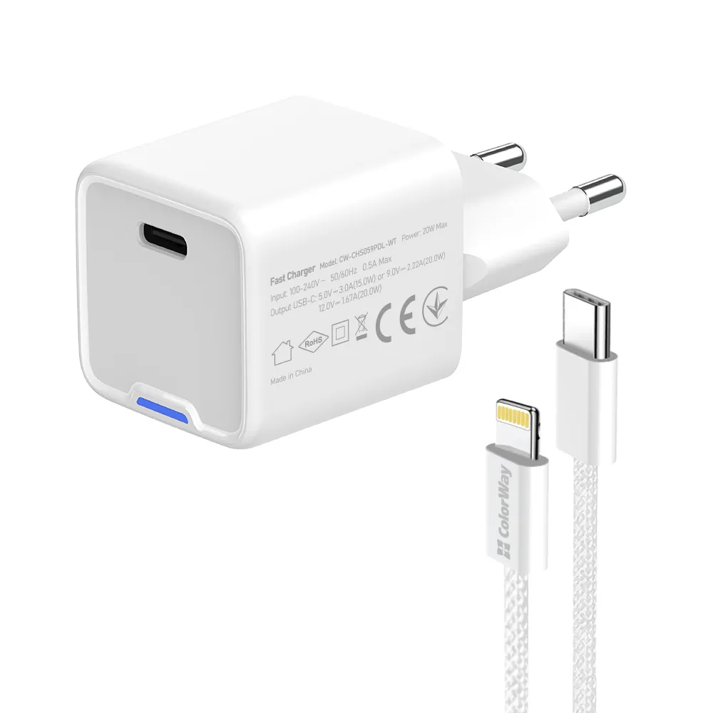 Мережевий зарядний пристрій ColorWay GaN Mini 20W PD Port PPS USB-C White (CW-CHS059PD-WT) + кабель Lightning - мініатюра 5