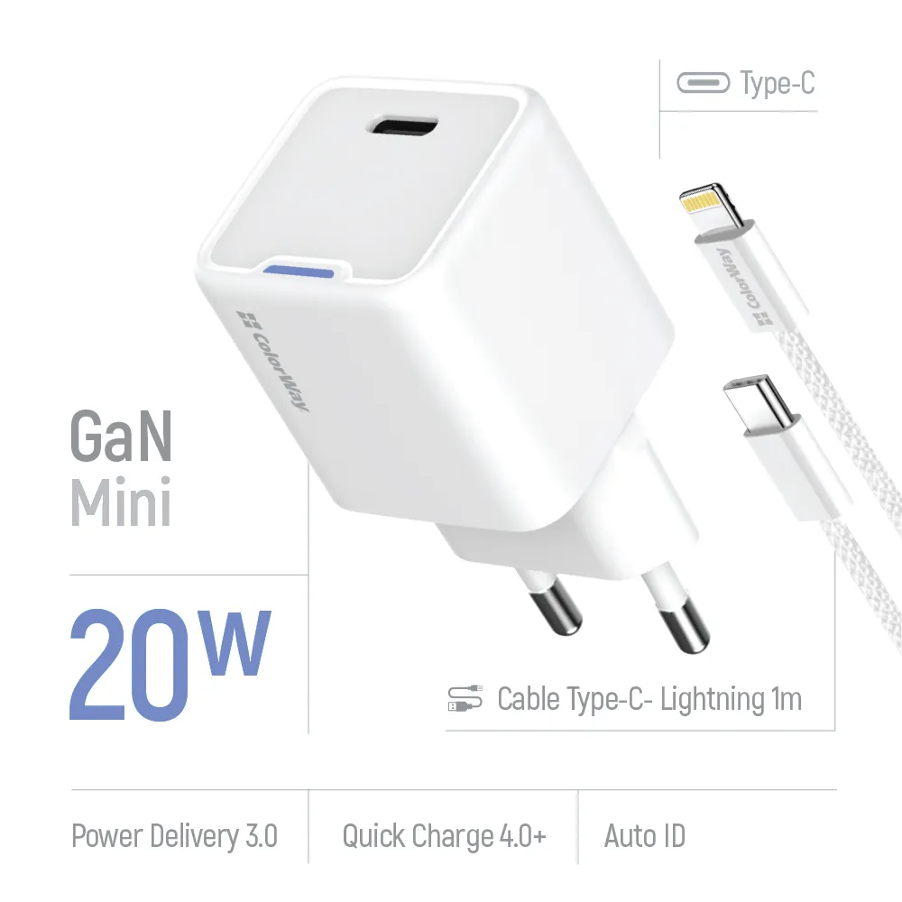Мережевий зарядний пристрій ColorWay GaN Mini 20W PD Port PPS USB-C White (CW-CHS059PD-WT) + кабель Lightning - мініатюра 6