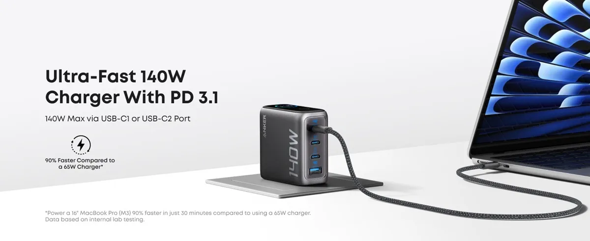 Мережевий зарядний пристрій Anker Laptop GaN Charger Black, 140W 3xUSB-C 1xUSB-A Display (B2697GZ1) + кабель USB Type-C - зображення 1