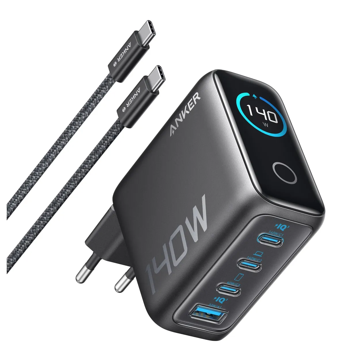 Мережевий зарядний пристрій Anker Laptop GaN Charger Black, 140W 3xUSB-C 1xUSB-A Display (B2697GZ1) + кабель USB Type-C - мініатюра 3