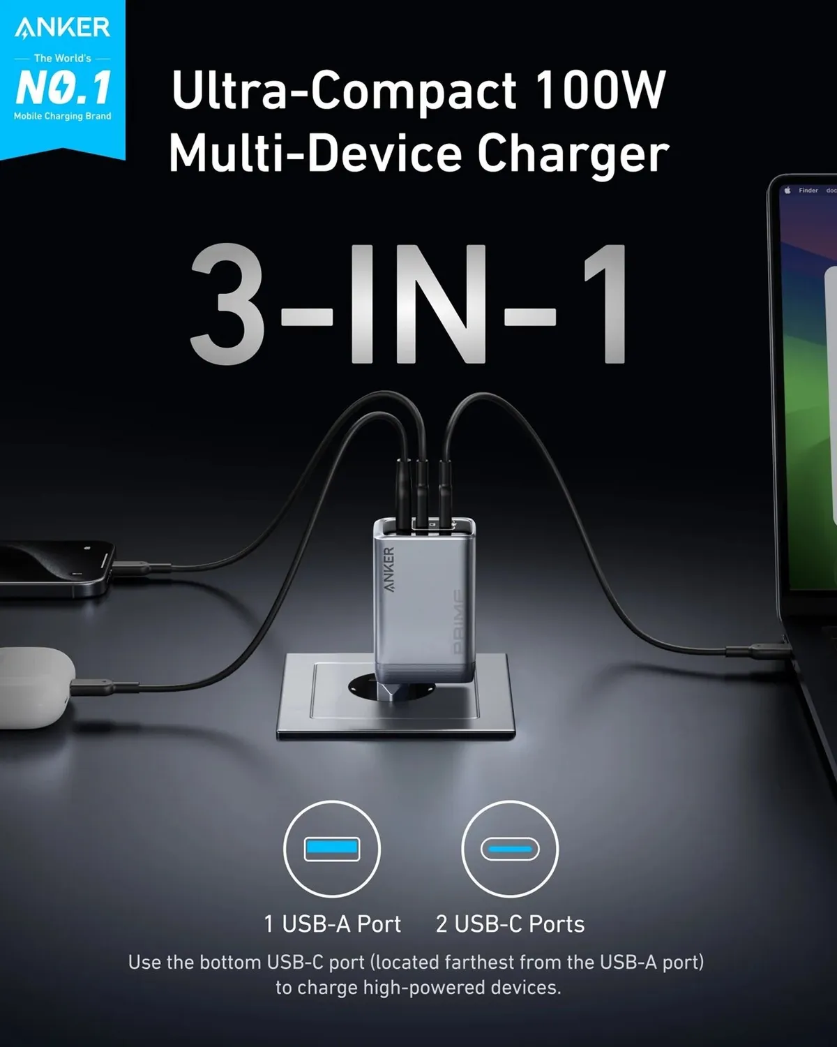 Мережевий зарядний пристрій Anker PowerPort GaNPrime 100W 2xUSB Type-C, USB Type-A Silver (A2688341) - мініатюра 4