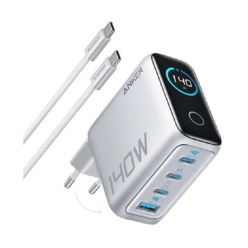 Мережевий зарядний пристрій Anker Laptop GaN Charger Silver, 140W 3xUSB-C 1xUSB-A Display (B2697G41) + кабель USB Type-C - зображення 1