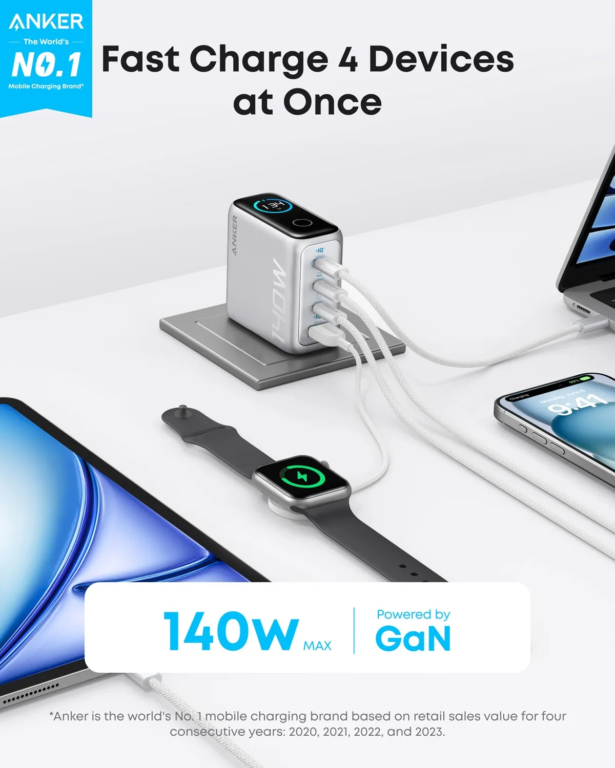 Мережевий зарядний пристрій Anker Laptop GaN Charger Silver, 140W 3xUSB-C 1xUSB-A Display (B2697G41) + кабель USB Type-C - мініатюра 2
