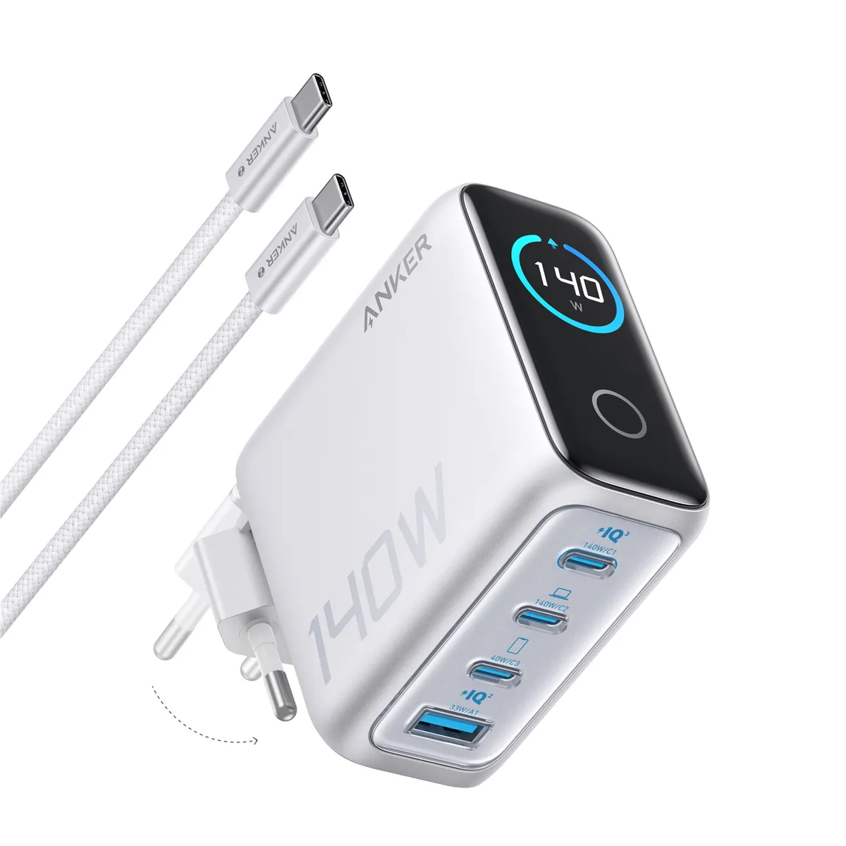 Мережевий зарядний пристрій Anker Laptop GaN Charger Silver, 140W 3xUSB-C 1xUSB-A Display (B2697G41) + кабель USB Type-C - мініатюра 4