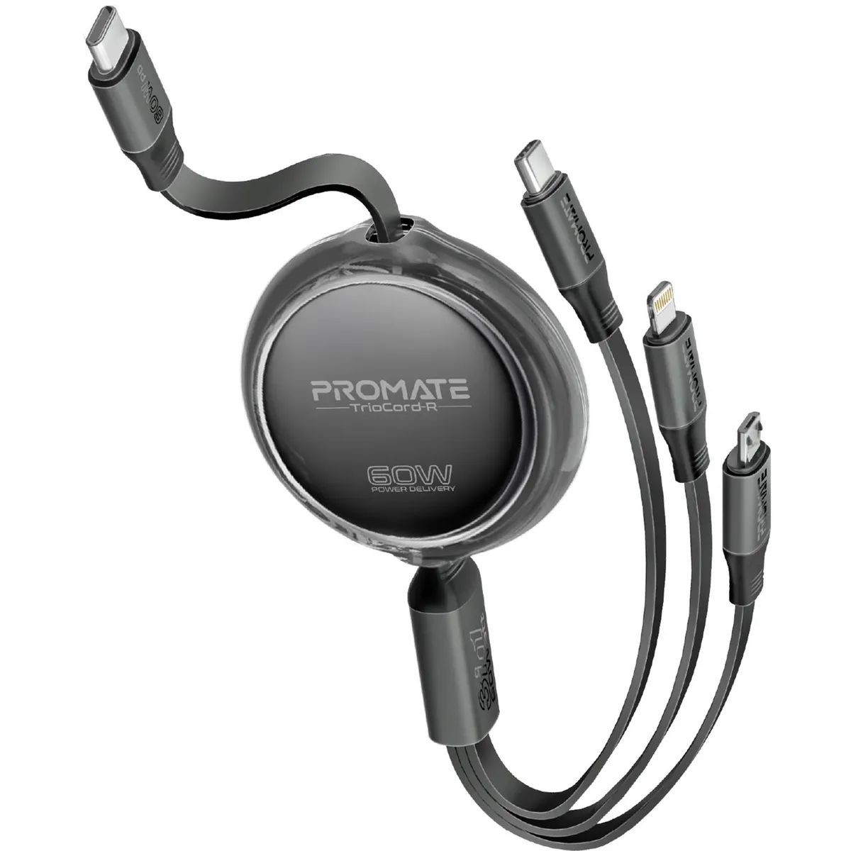 Кабель Promate USB Type-C - USB Type-C Lightning microUSB (M/M), 3A, 60W, 1.1 м, Black (triocord-r.black) - зображення 1