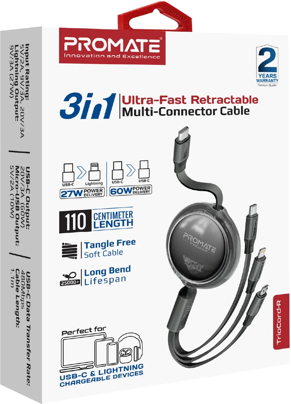Кабель Promate USB Type-C - USB Type-C Lightning microUSB (M/M), 3A, 60W, 1.1 м, Black (triocord-r.black) - мініатюра 7