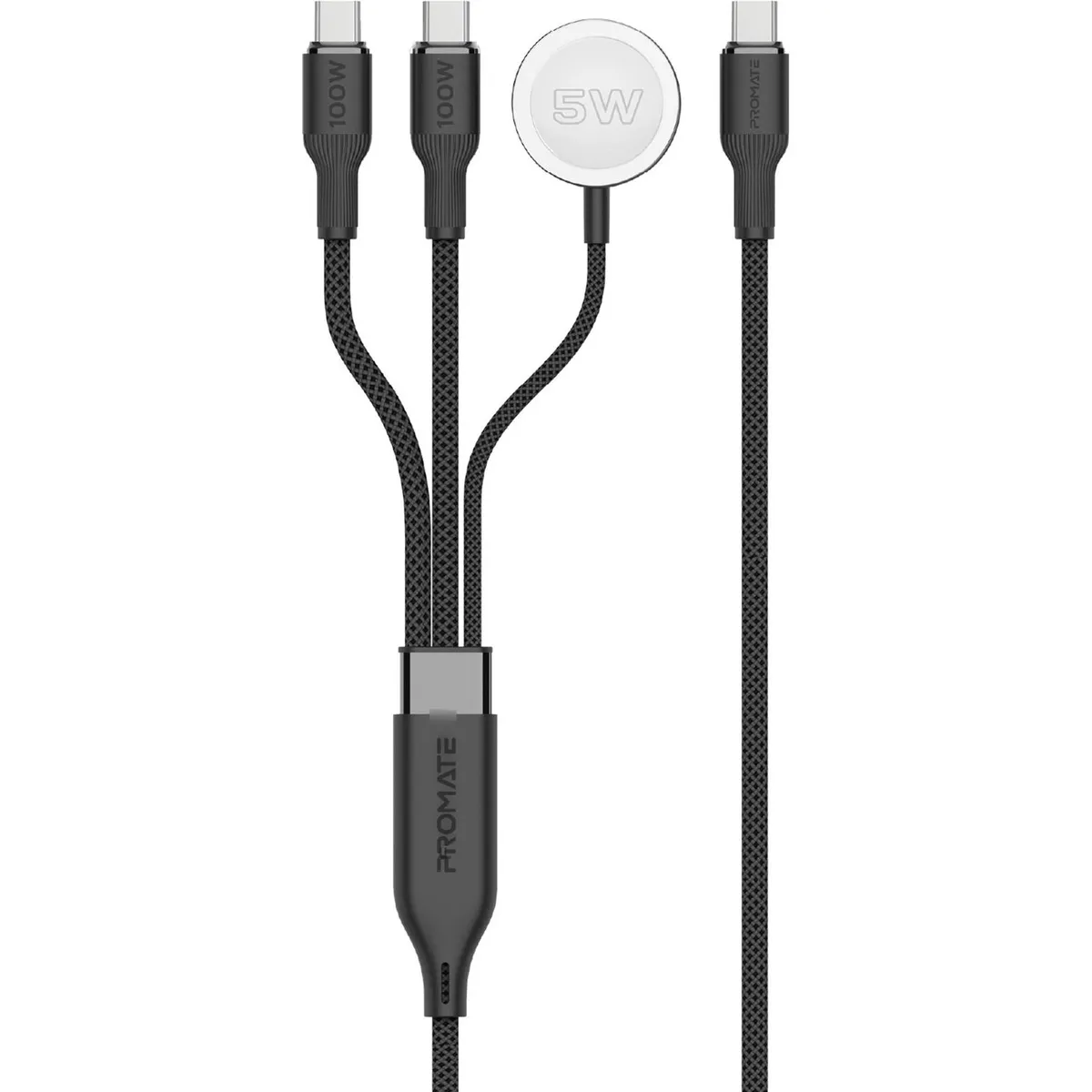 Кабель Promate USB Type-C - 2хUSB Type-C 100W Apple Watch Charger 5W (M/M), 5A, 1.4 м, Black (fusion-ccw.black) - зображення 1
