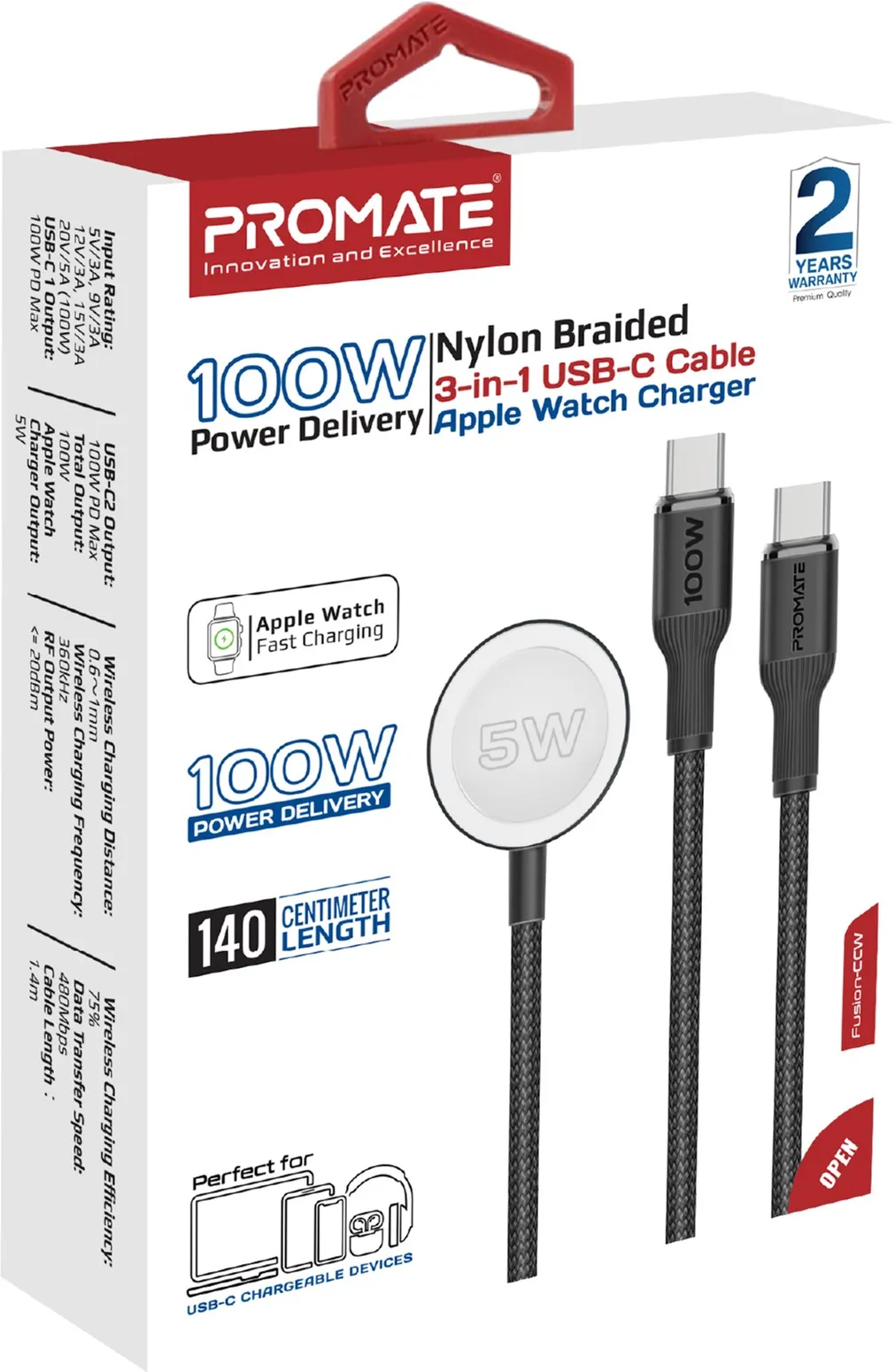 Кабель Promate USB Type-C - 2хUSB Type-C 100W Apple Watch Charger 5W (M/M), 5A, 1.4 м, Black (fusion-ccw.black) - мініатюра 7