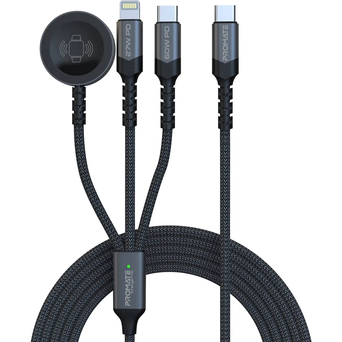 Кабель Promate USB Type-C - USB Type-C (M/M) Lightning 27W 60W Apple MagSafe 1 2.5W, 4A, 1.5 м, Black (icharge-trio.black) - зображення 1