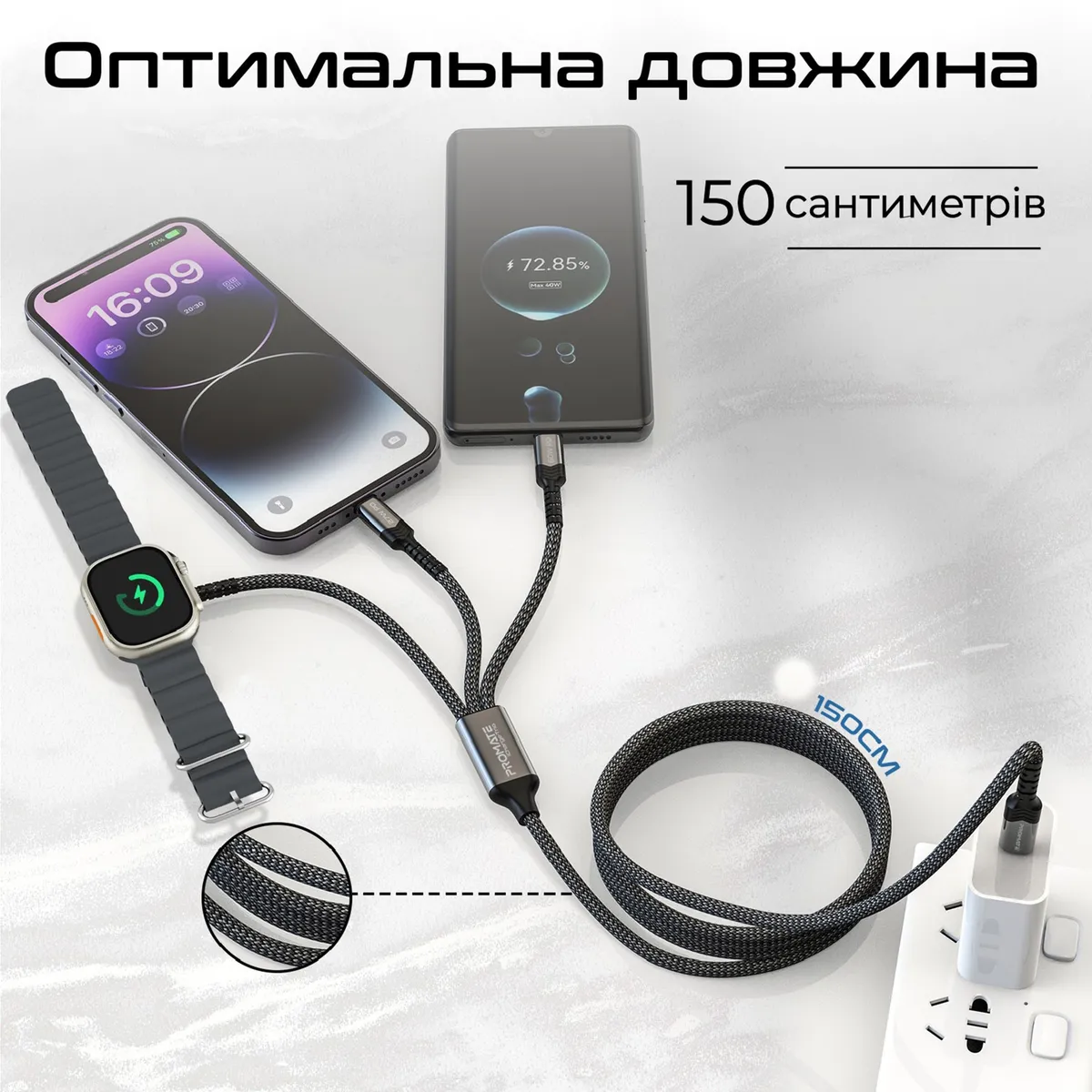 Кабель Promate USB Type-C - USB Type-C (M/M) Lightning 27W 60W Apple MagSafe 1 2.5W, 4A, 1.5 м, Black (icharge-trio.black) - мініатюра 5