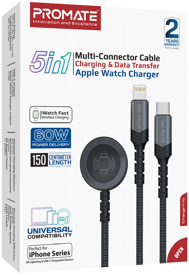 Кабель Promate USB Type-C - USB Type-C (M/M) Lightning 27W 60W Apple MagSafe 1 2.5W, 4A, 1.5 м, Black (icharge-trio.black) - мініатюра 6
