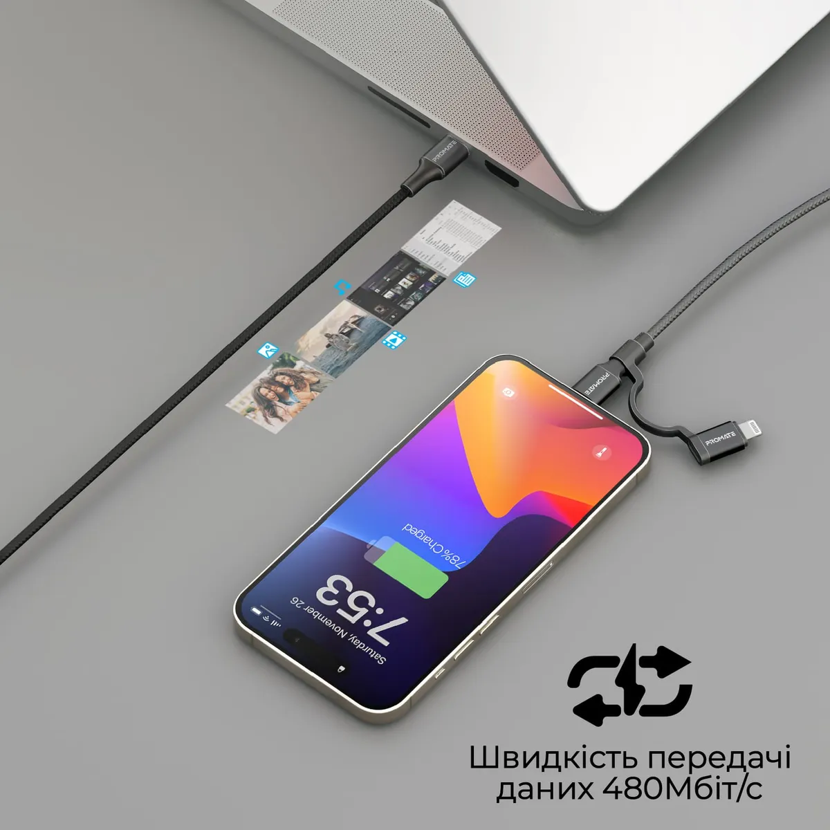 Кабель Promate USB Type-C - USB Type-C Lightning (M/M), 3A, 60W, 1.2 м, Black (powerlink-cci.black) - мініатюра 5