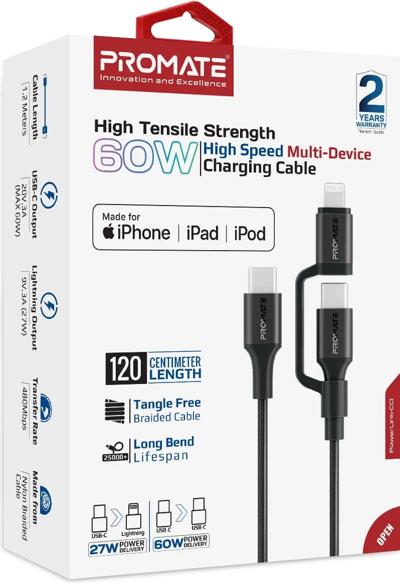 Кабель Promate USB Type-C - USB Type-C Lightning (M/M), 3A, 60W, 1.2 м, Black (powerlink-cci.black) - мініатюра 8