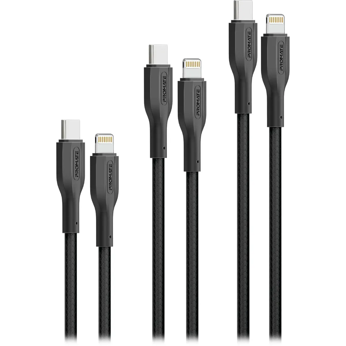 Комплект кабелів Promate USB Type-C - Lightning (M/M), 3A, 27W, 0.3 м, 1.2 м, 2 м Black (cablekit-ci) - зображення 1