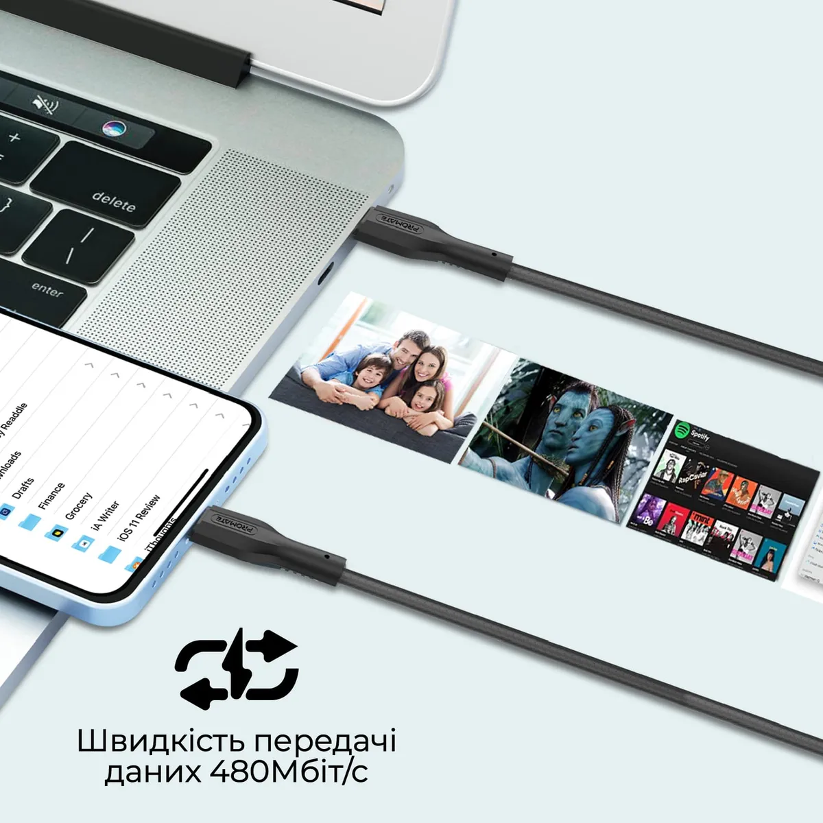 Комплект кабелів Promate USB Type-C - Lightning (M/M), 3A, 27W, 0.3 м, 1.2 м, 2 м Black (cablekit-ci) - мініатюра 4