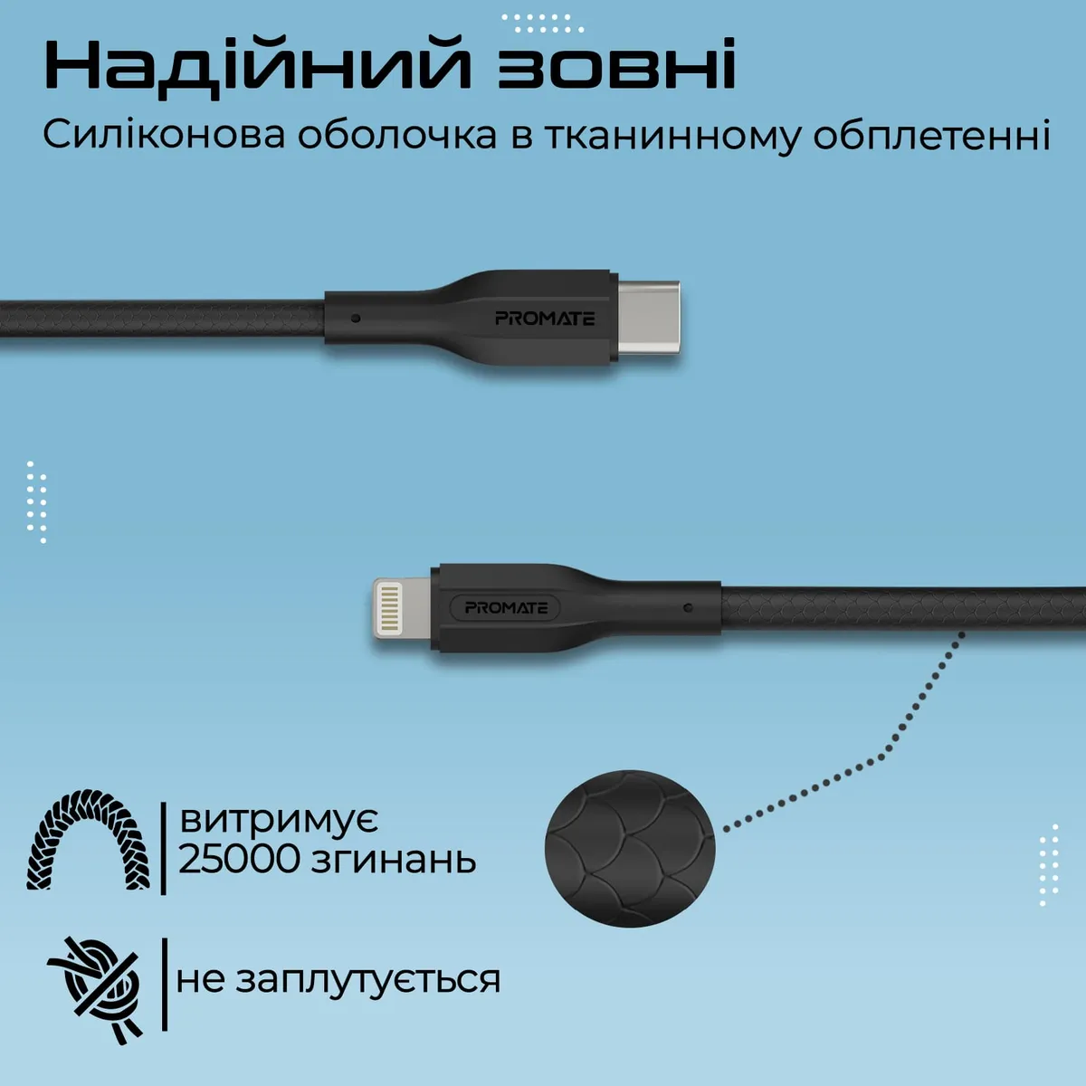 Комплект кабелів Promate USB Type-C - Lightning (M/M), 3A, 27W, 0.3 м, 1.2 м, 2 м Black (cablekit-ci) - мініатюра 6