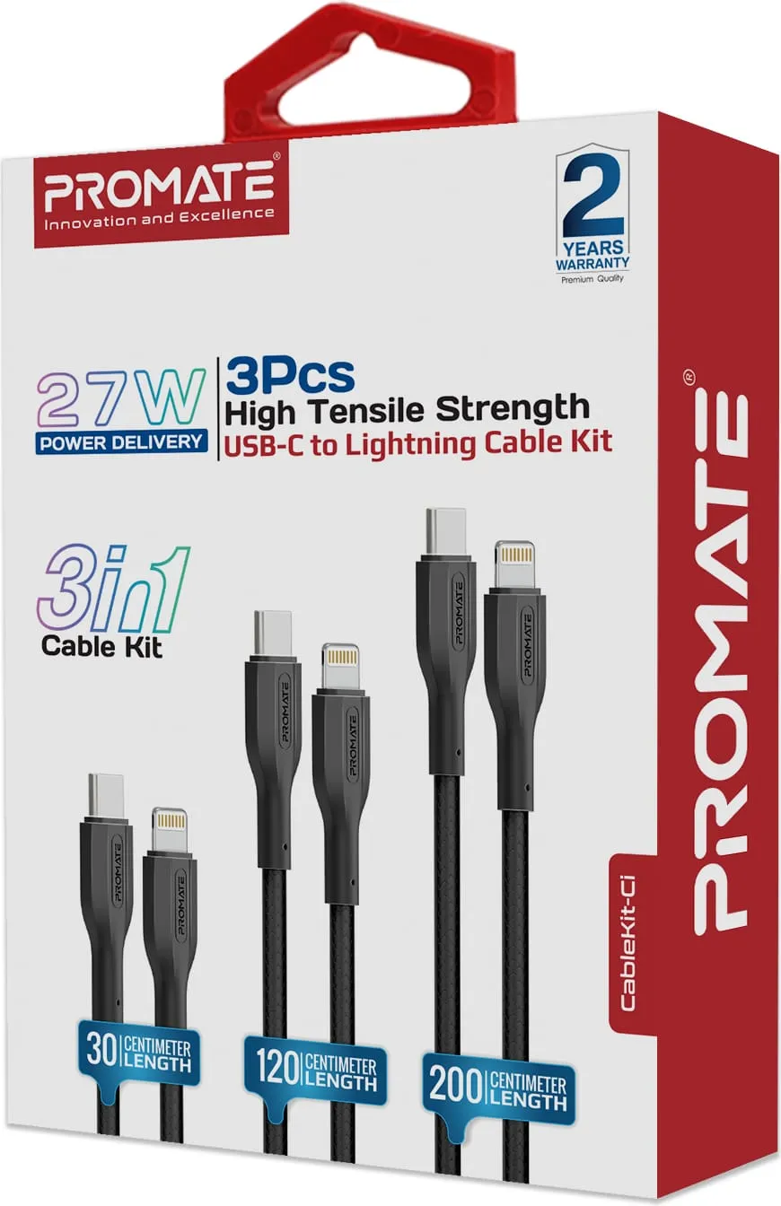 Комплект кабелів Promate USB Type-C - Lightning (M/M), 3A, 27W, 0.3 м, 1.2 м, 2 м Black (cablekit-ci) - мініатюра 7