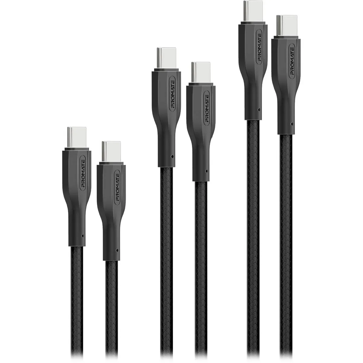 Комплект кабелів Promate USB Type-C - USB Type-C (M/M), 3A, 60W, 0.3 м, 1.2 м, 2 м Black (cablekit-cc.black) - зображення 1