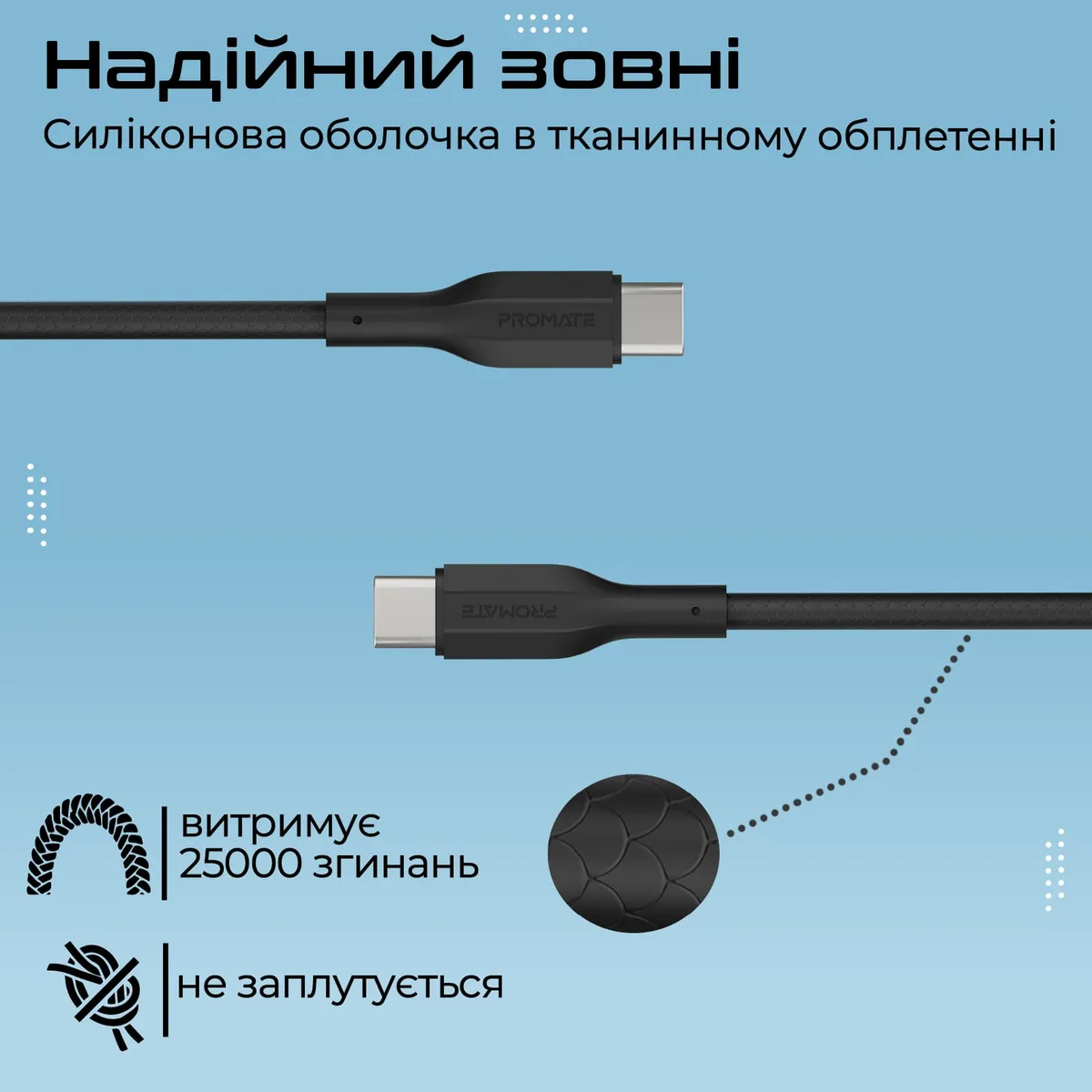 Комплект кабелів Promate USB Type-C - USB Type-C (M/M), 3A, 60W, 0.3 м, 1.2 м, 2 м Black (cablekit-cc.black) - мініатюра 5