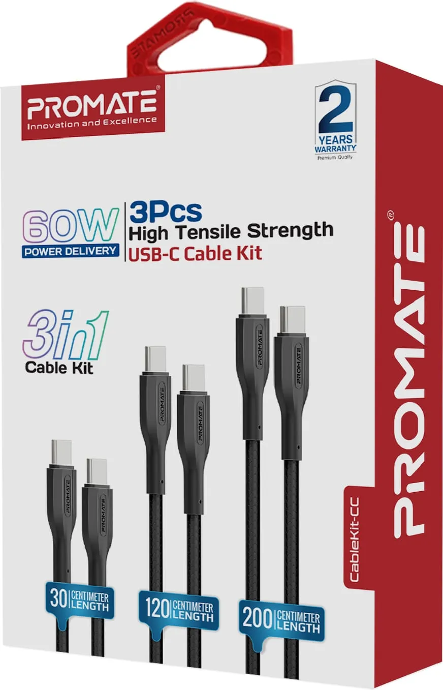 Комплект кабелів Promate USB Type-C - USB Type-C (M/M), 3A, 60W, 0.3 м, 1.2 м, 2 м Black (cablekit-cc.black) - мініатюра 6