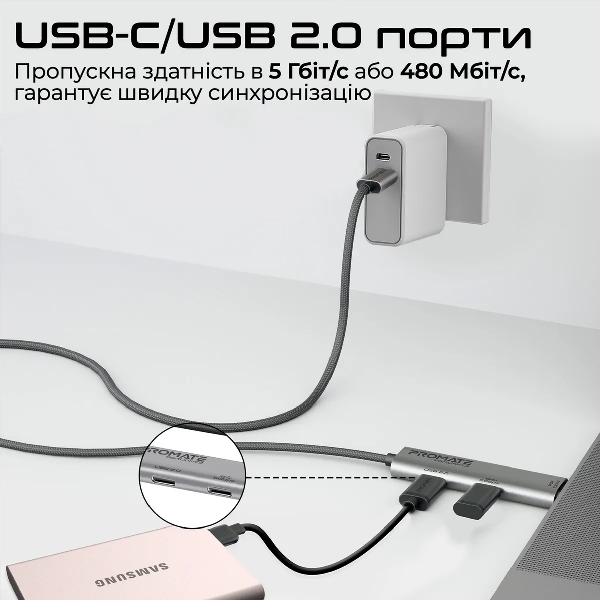 Кабель Promate USB Type-C - USB Type-C (M/M), 5A, 100W, 1.5 м, Black (portlink-c3.black) - мініатюра 4