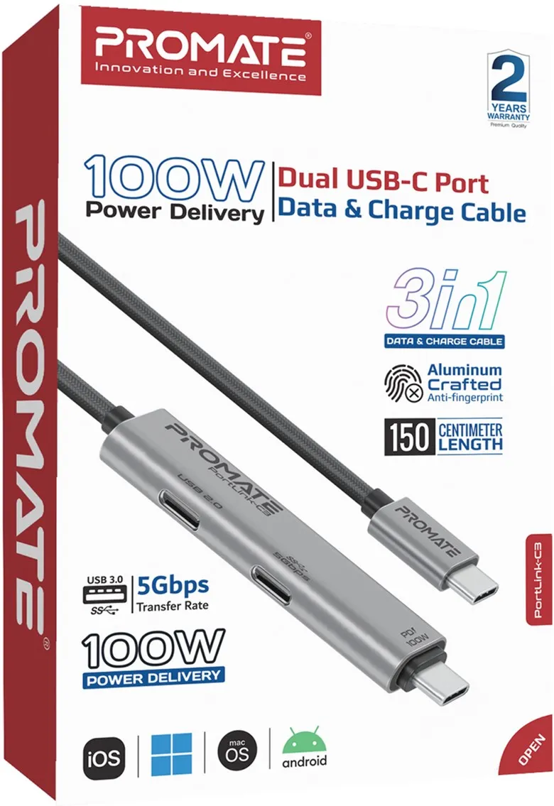 Кабель Promate USB Type-C - USB Type-C (M/M), 5A, 100W, 1.5 м, Black (portlink-c3.black) - мініатюра 7