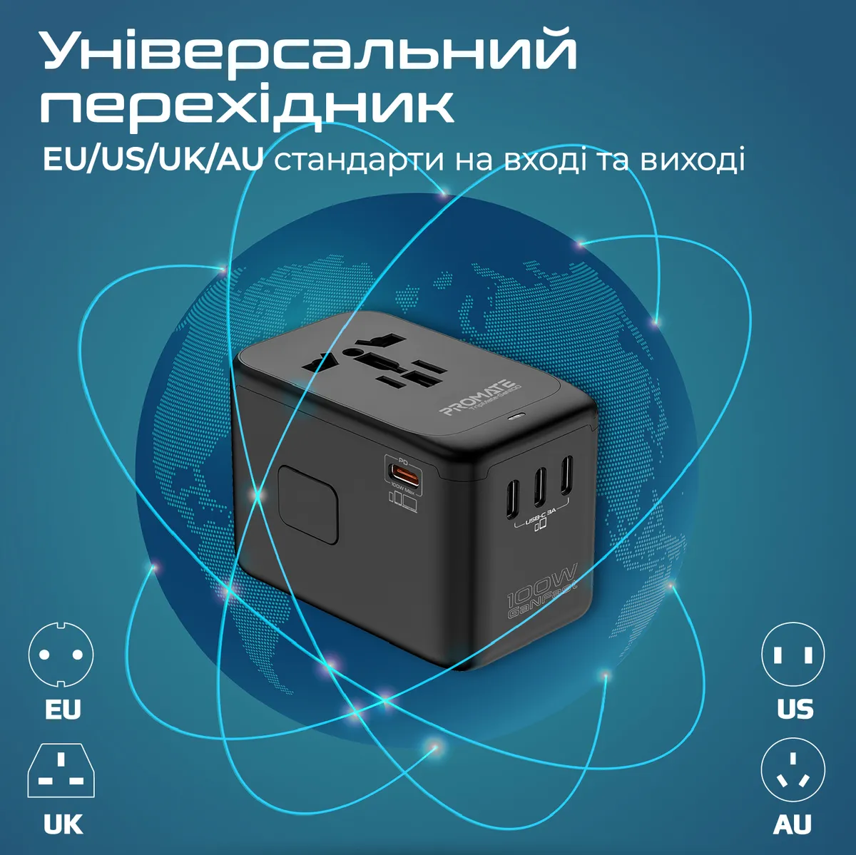 Зарядний пристрій Promate TripMate-GaN100 100W Black - мініатюра 2