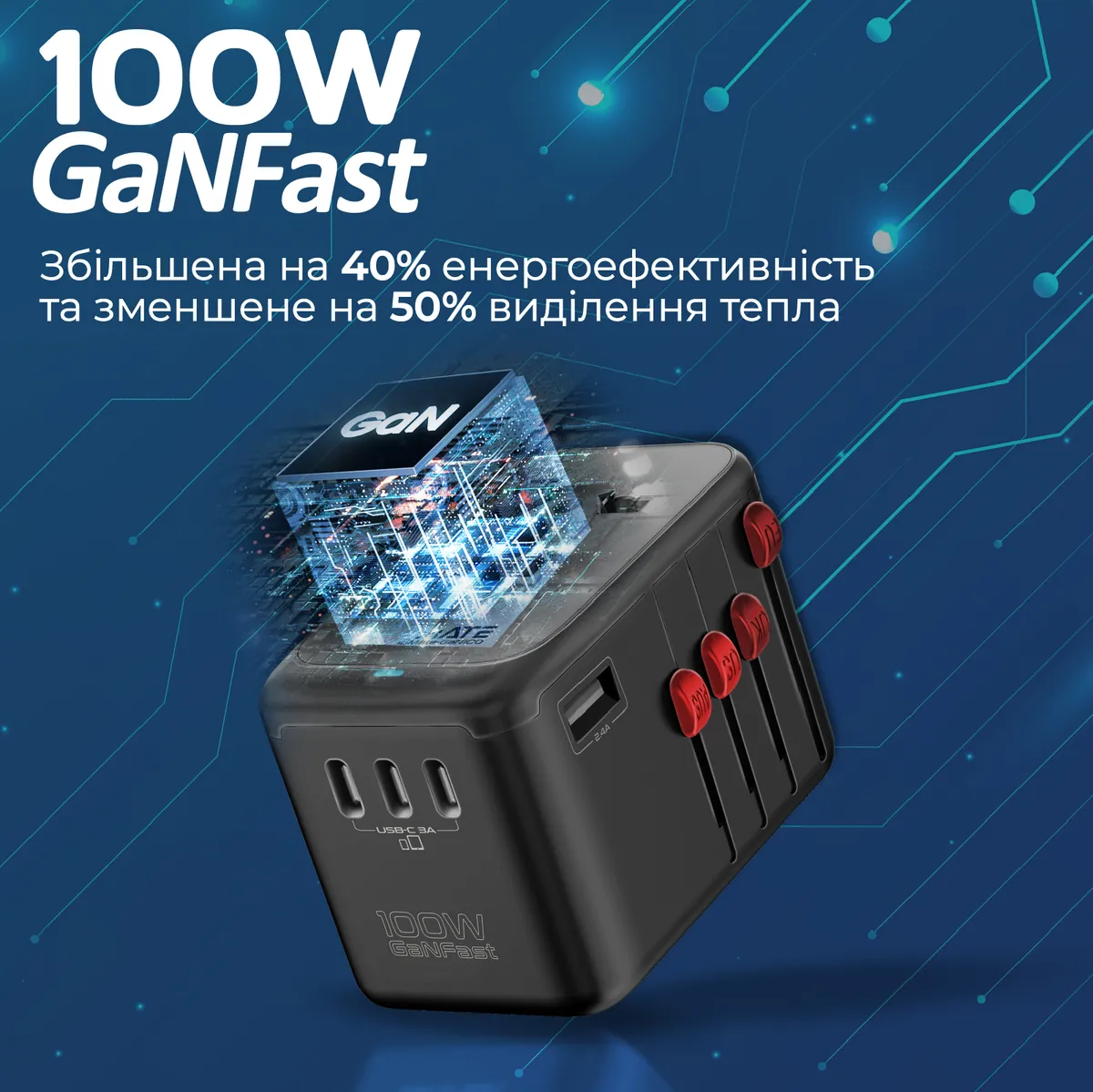 Зарядний пристрій Promate TripMate-GaN100 100W Black - мініатюра 3
