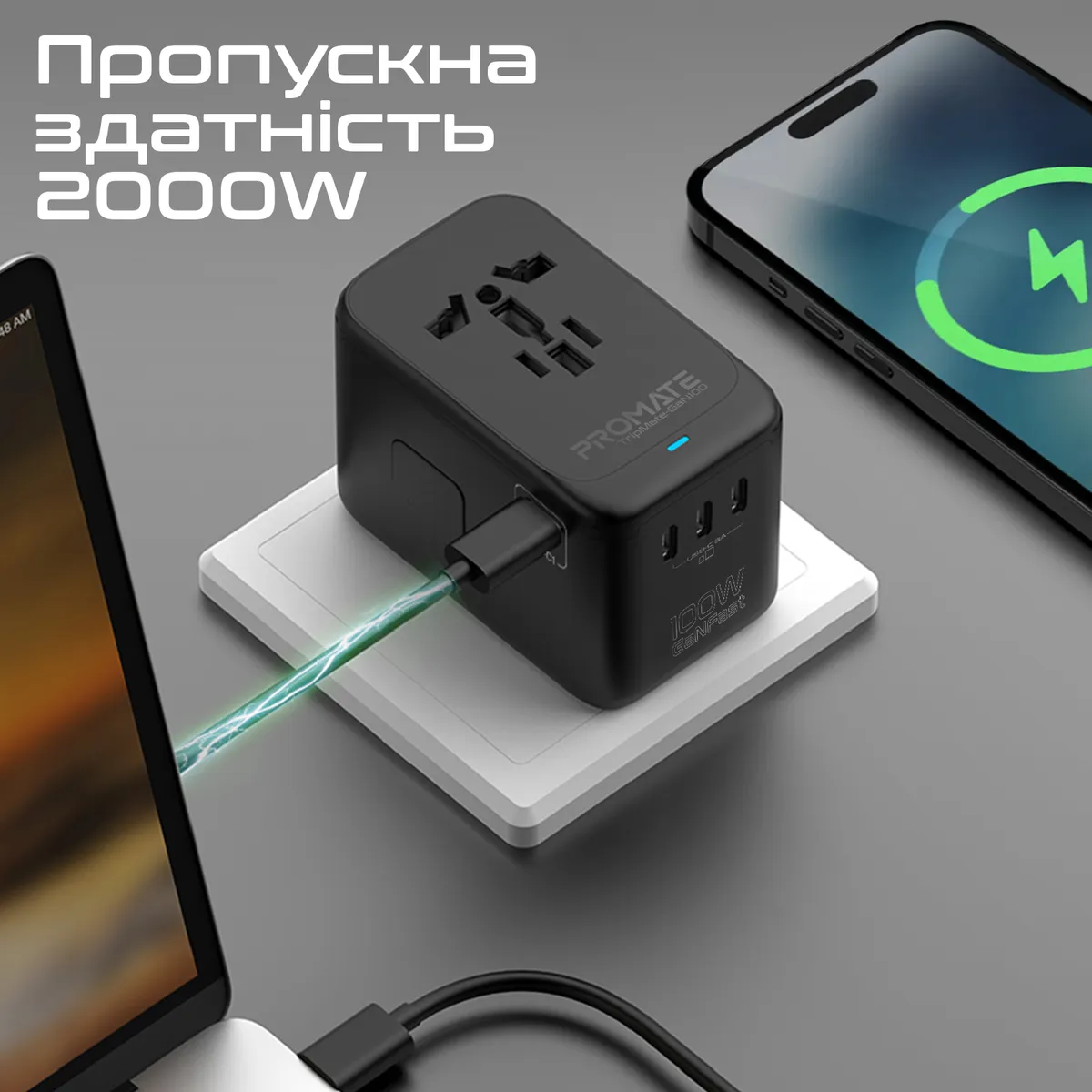 Зарядний пристрій Promate TripMate-GaN100 100W Black - мініатюра 4