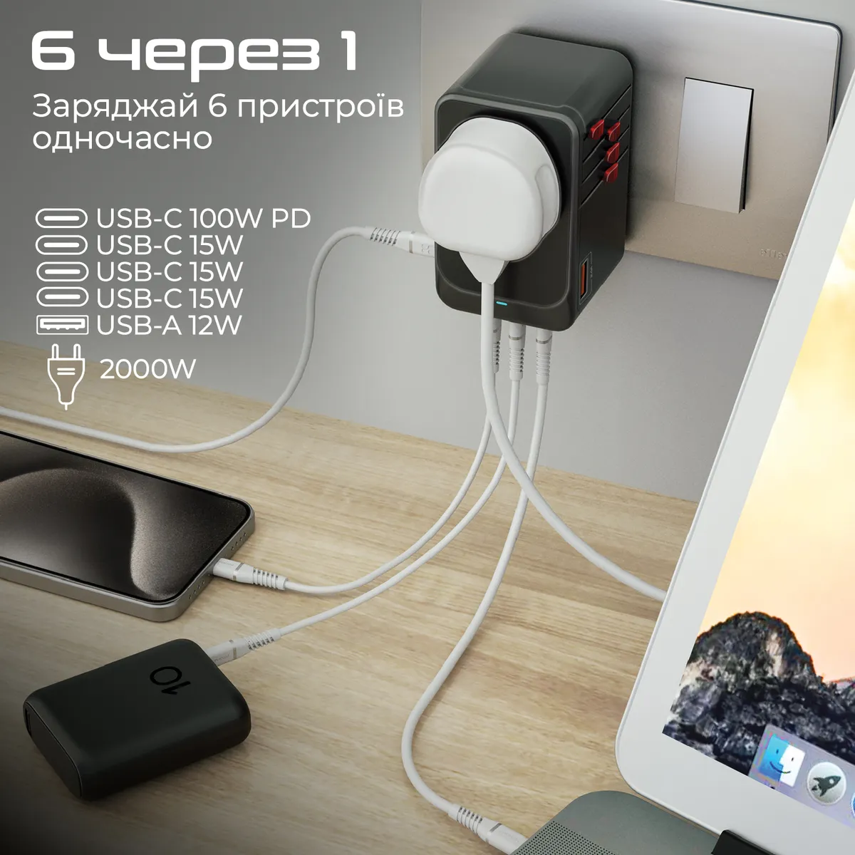 Зарядний пристрій Promate TripMate-GaN100 100W Black - мініатюра 5