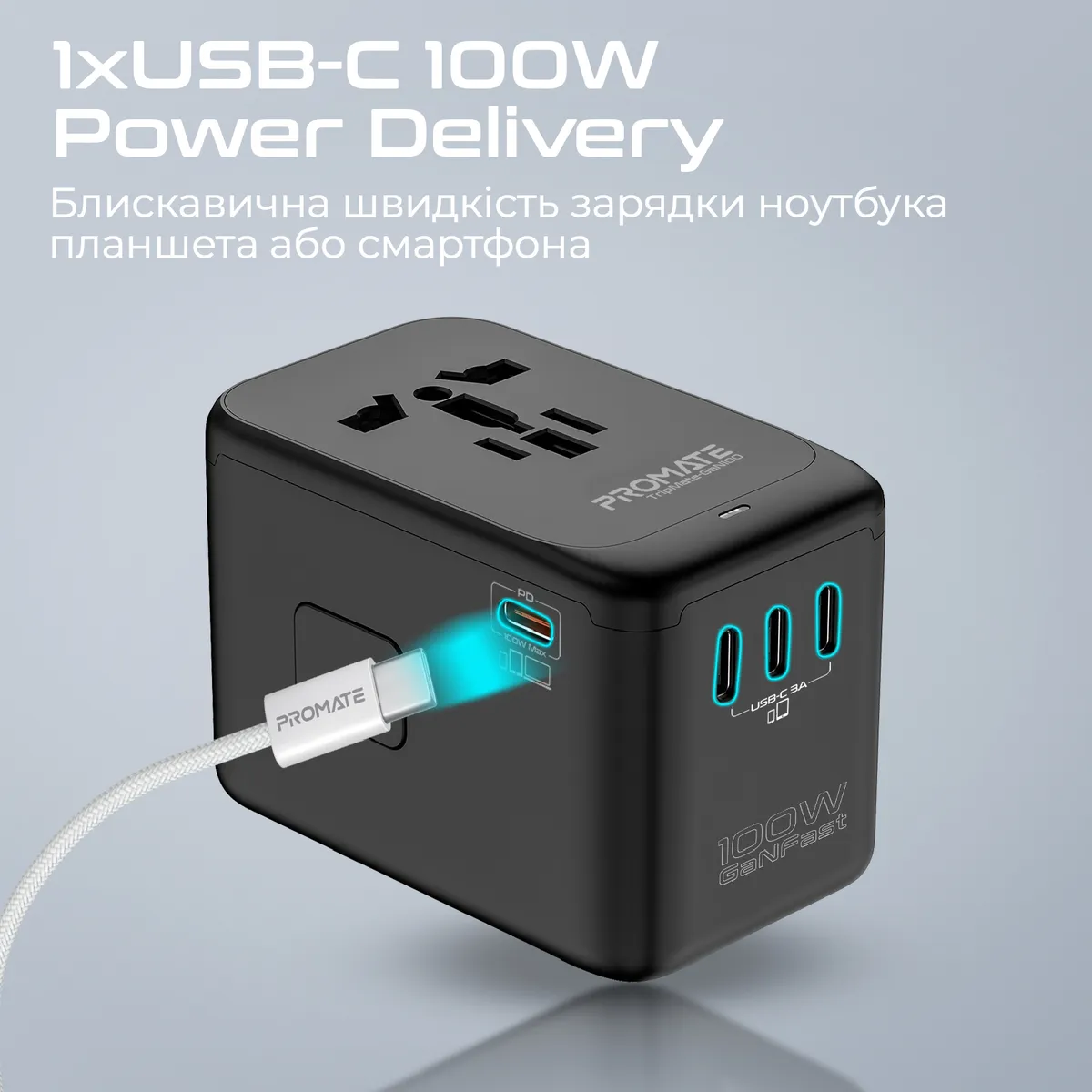 Зарядний пристрій Promate TripMate-GaN100 100W Black - мініатюра 6