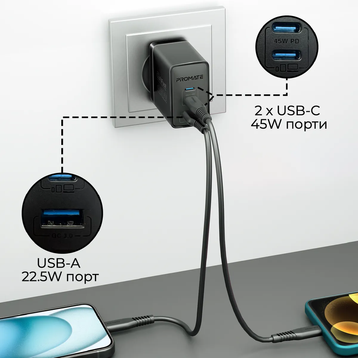 Зарядний пристрій Promate PowerPort 45W Black - мініатюра 4