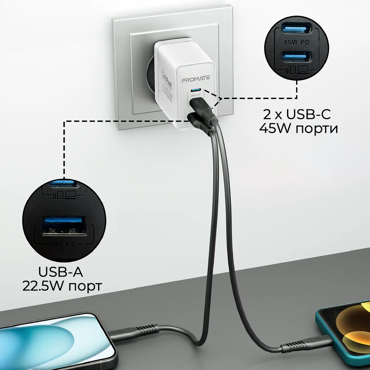 Зарядний пристрій Promate PowerPort 45W White - мініатюра 4