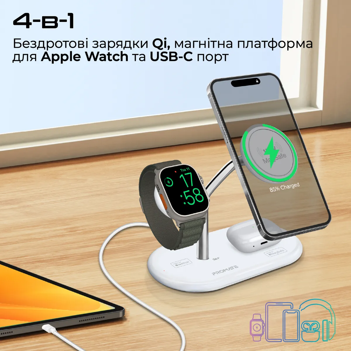 Бездротовий зарядний пристрій Promate Synergy-Pro MagSafe 57W White - мініатюра 2