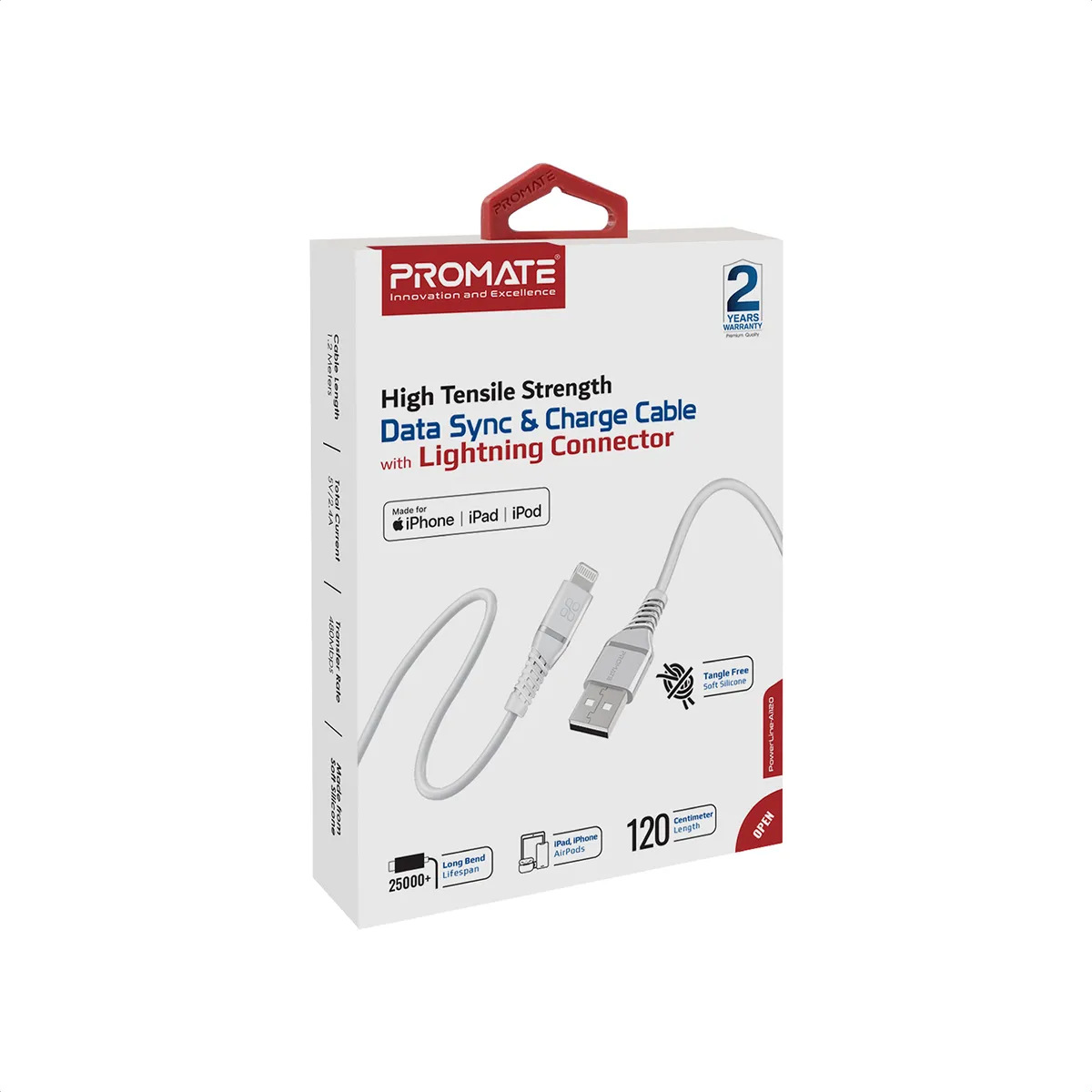 Кабель Promate PowerLine-Ai120 USB - Lightning (M/M), 2.4 A, 1.2 м, White - мініатюра 7