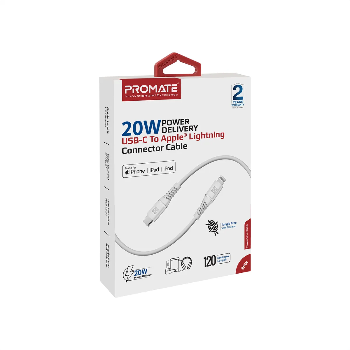 Кабель Promate PowerLine-Ci120 USB Type-C - Lightning (M/M), 3 A, 20 W, 1.2 м, White - мініатюра 7