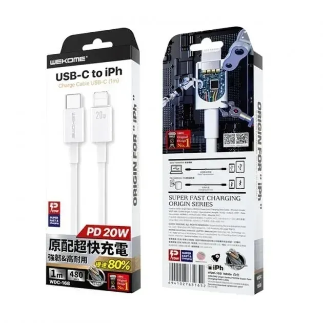 Кабель WK WDC-168 USB Type-C - Lightning (M/M), 1 м, 20W, White (6941027631652) - зображення 1