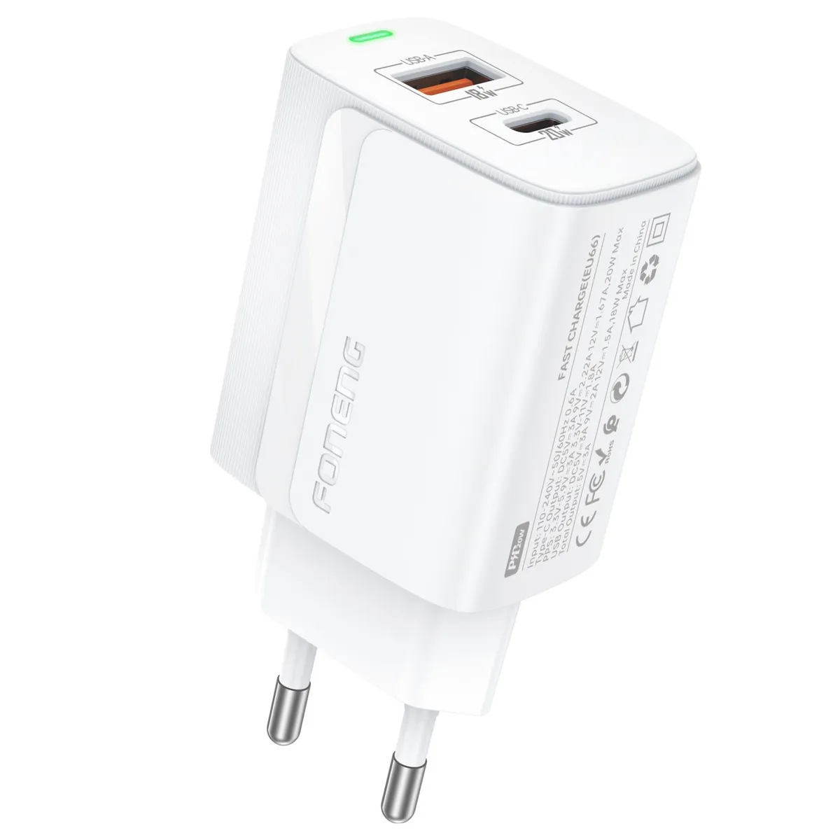 Зарядний пристрій Foneng EU66 (USBх3A, USB-Cх3A) 20W White (EU66-CH-W) - зображення 1