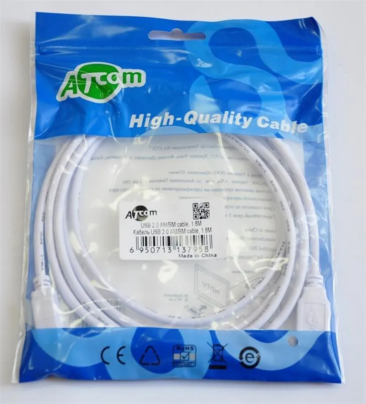 Кабель Atcom USB - USB Type-B V 2.0 (M/M), 1.8 м, ферит, білий (3795) пакет - зображення 1