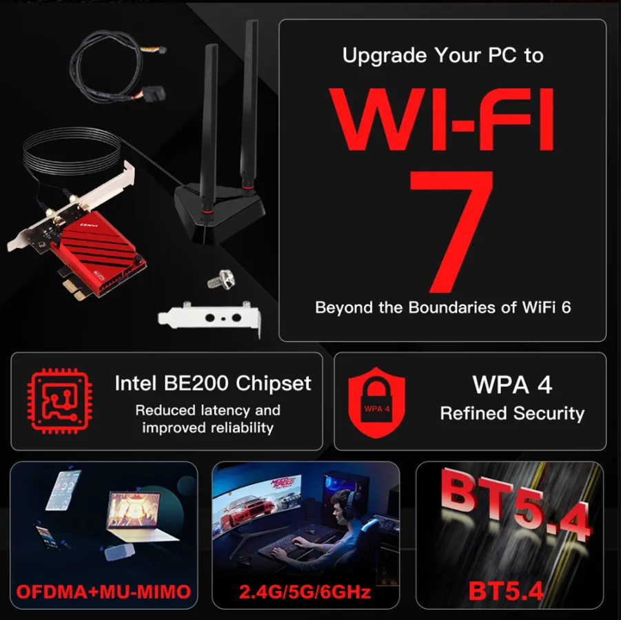 Бездротовий адаптер Fenvi FV-BE8800Pro Wi-Fi 7, Bluetooth 5.4 Gaming Tri Band 2.4G/5G/6GHz - мініатюра 2