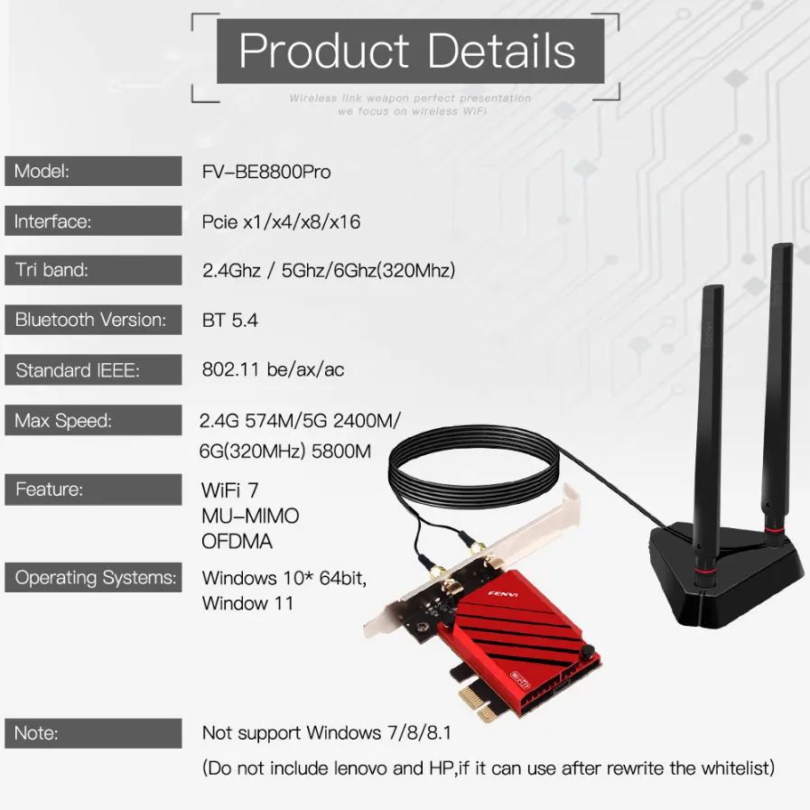 Бездротовий адаптер Fenvi FV-BE8800Pro Wi-Fi 7, Bluetooth 5.4 Gaming Tri Band 2.4G/5G/6GHz - мініатюра 8