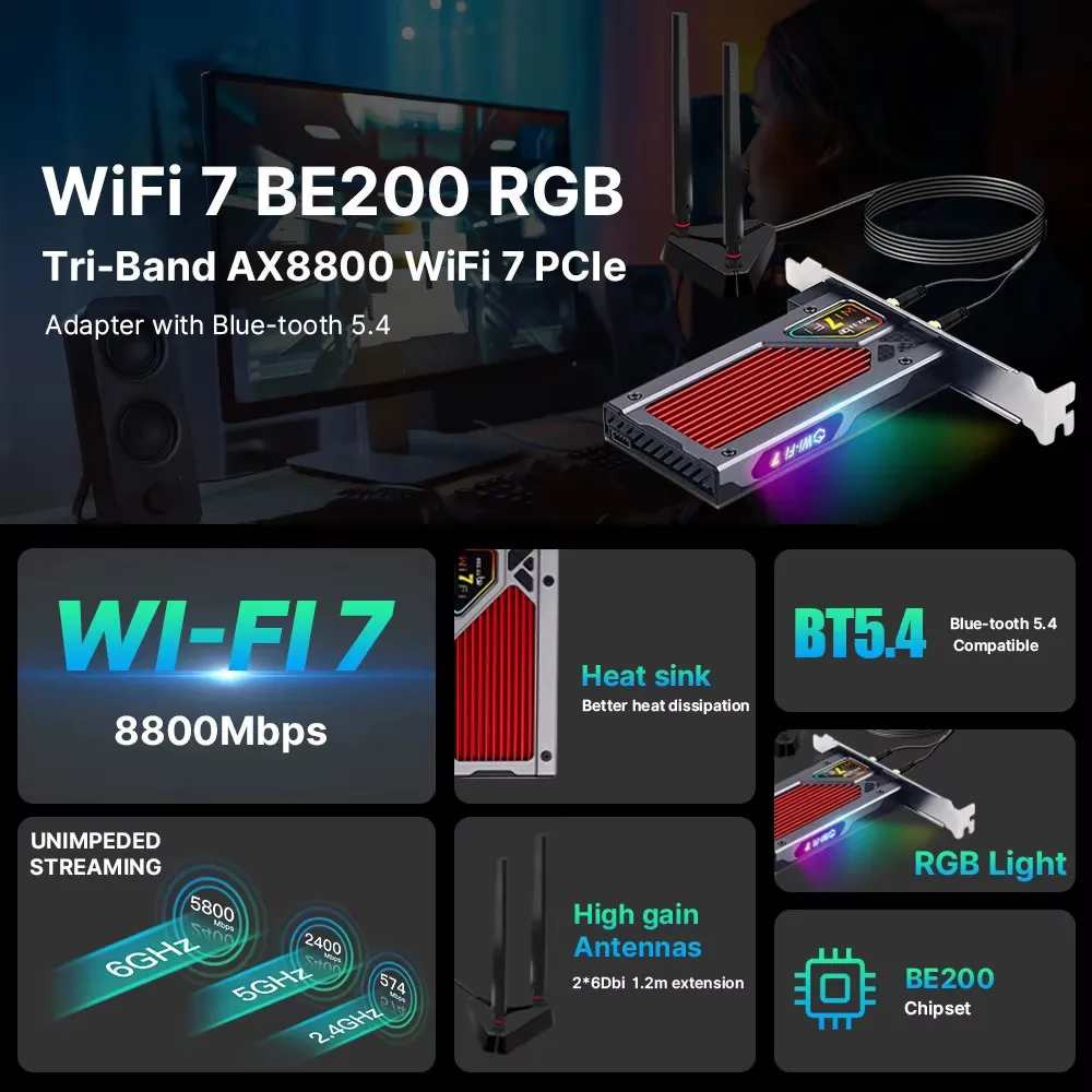Бездротовий адаптер Fenvi FV-BE8800RGB Wi-Fi 7, Bluetooth 5.4 Gaming Tri Band 2.4G/5G/6GHz - зображення 1