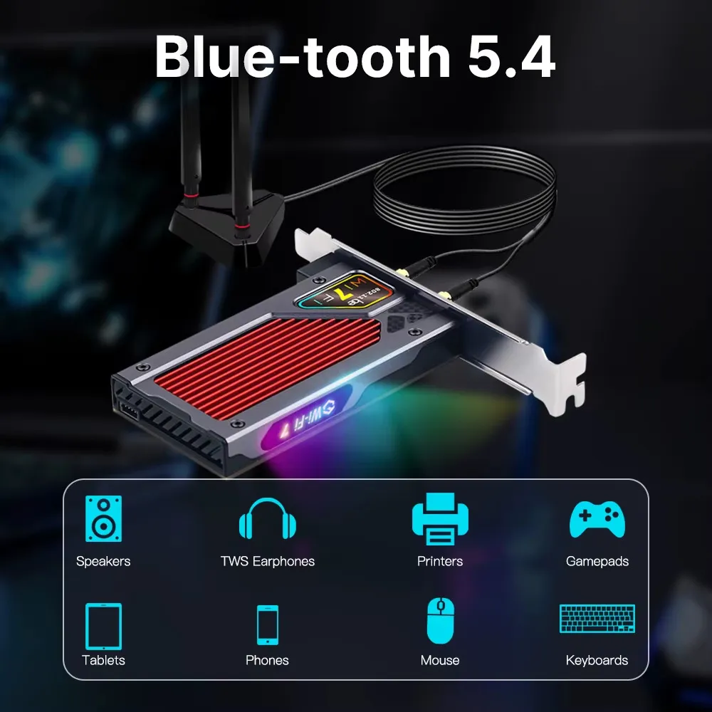 Бездротовий адаптер Fenvi FV-BE8800RGB Wi-Fi 7, Bluetooth 5.4 Gaming Tri Band 2.4G/5G/6GHz - мініатюра 4