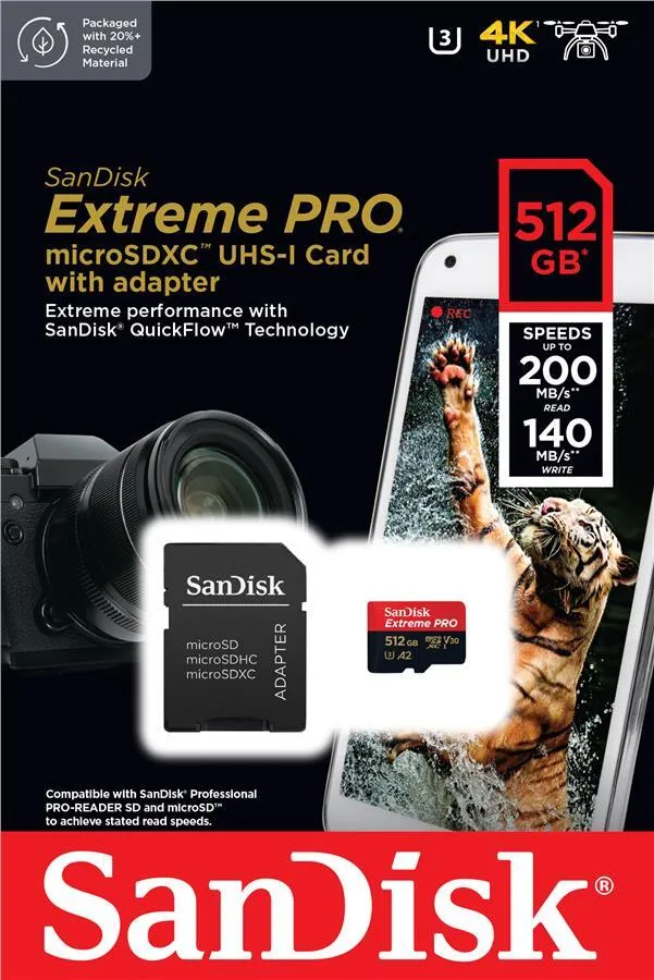 Карта пам`ятi MicroSDXC 512GB UHS-I U3 R200/W140MB/s SanDisk Extreme Pro V30 + SD-адаптер (SDSQXCD-512G-GN6MA) - мініатюра 2